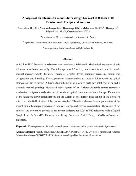 (PDF) Analysis of an altazimuth mount drive design for a set of 0.25 m F/10 Newtonian telescope ...