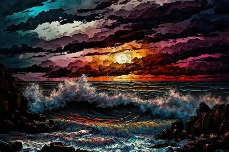 Premium AI Image | A painting of a sunset over the ocean