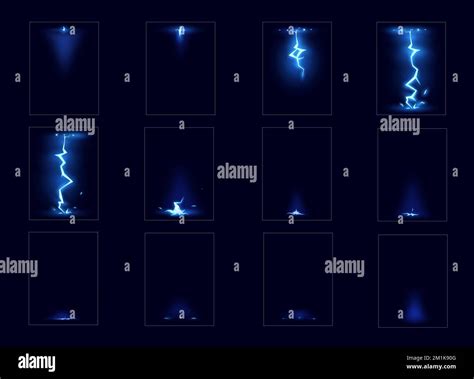 Cartoon lightning sprite animation. Blue vector thunderbolt strikes ...