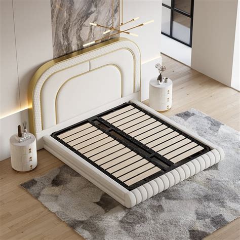 Modern White Faux Leather Gold King Platform Bed with Upholstered ...