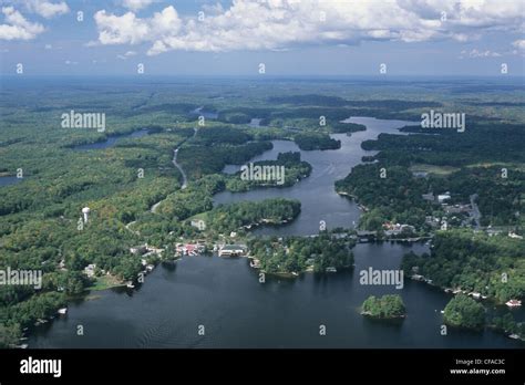 Aerial view of Bala, Ontario, Canada, on Lake Muskoka with the Moon River in the background ...