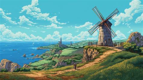 Pixel Art of Majestic Windmill on Hill in San Francisco Renaissance Style Stock Illustration ...