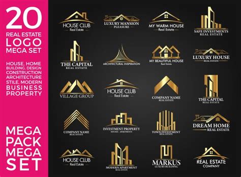 20 real estate logo set in gold color on black and pink background with sample text