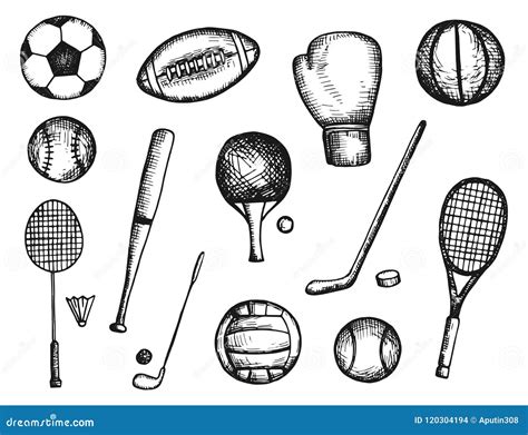 Sports Equipment Balls and Rackets Vector Sketch Icons Isolated Stock ...