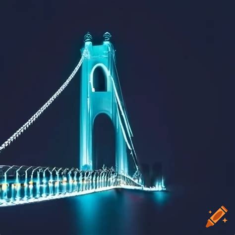 Nighttime view of a suspension bridge with led lights on Craiyon
