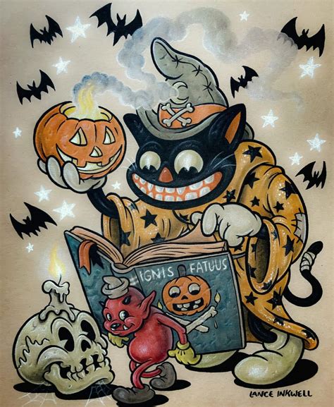 a drawing of a cat reading a book with pumpkins and skulls on the floor