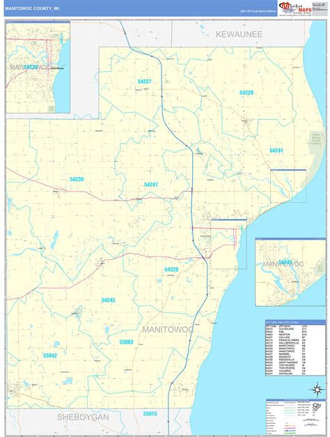 Manitowoc County, WI Zip Code Wall Map Basic Style by MarketMAPS