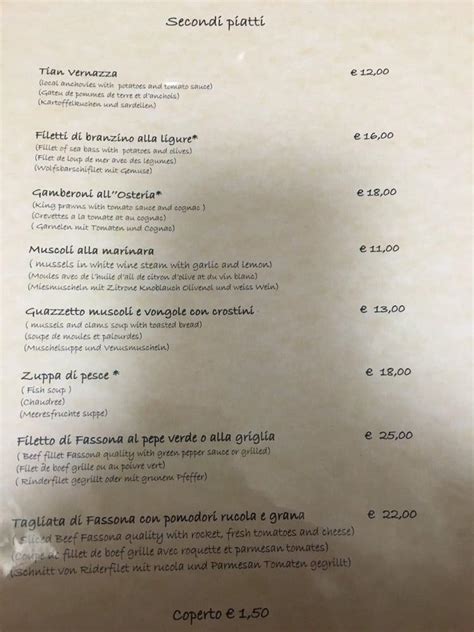 Menu at L’Osteria restaurant, Monterosso al Mare