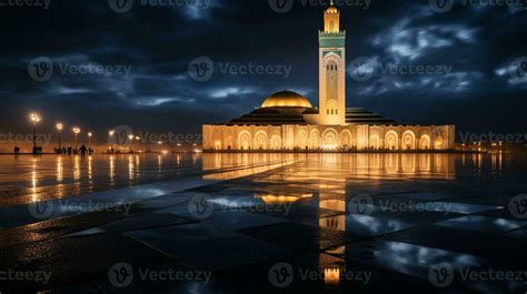 Night view of Hassan II Mosque. Generative AI 32975913 Stock Photo at ...