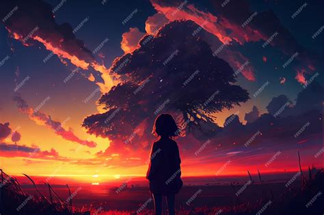 Premium Photo | A girl standing in front of a sunset, anime aesthetic ...