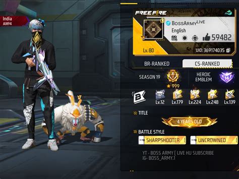 Boss Army’s Free Fire ID, stats, rank, guild, and more