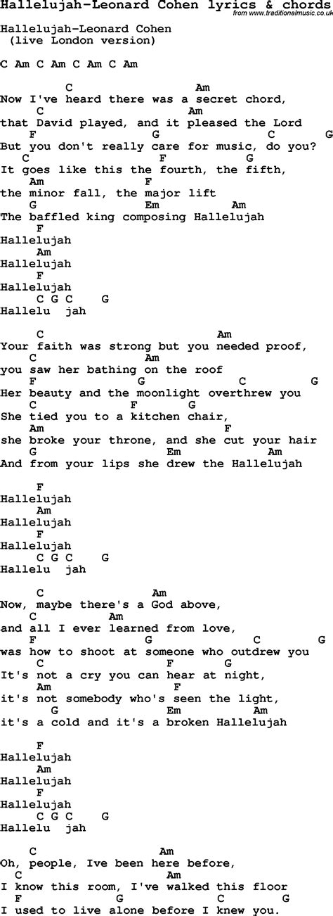 Love Song Lyrics for: Hallelujah-Leonard Cohen with chords for Ukulele ...