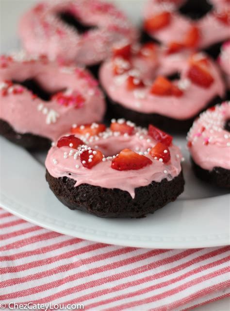 Chocolate Donuts with Strawberry Cream Cheese Icing - Chez CateyLou