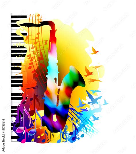 Music background with saxophone, piano, musical notes and flying birds ...