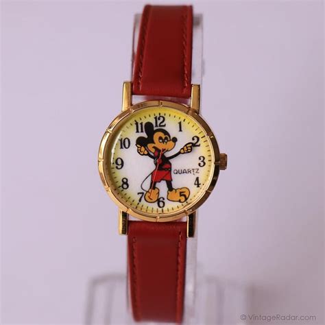 Retro Mickey Mouse Watch for Women on a Red Leather Strap – Vintage Radar