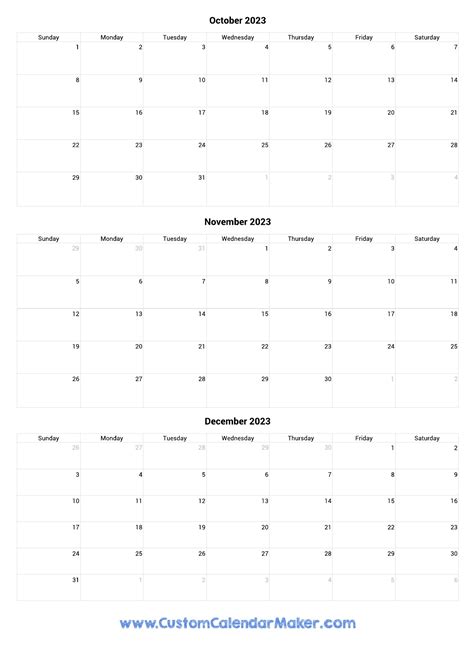 October to December 2023 Calendar Printable