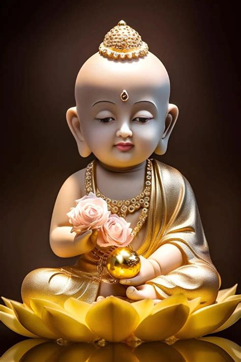 a buddha statue sitting on top of a yellow flower