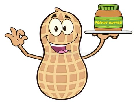 Funny Peanut Cartoon Mascot Character Holding a Jar of Peanut Butter ...