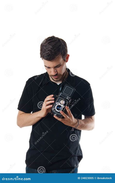 Handsome Man with Vintage Photo Camera Stock Image - Image of studying, studio: 24823005