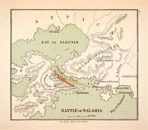 1876 Print Map Battle Salamis Greece Persia War Military Naval Fleet ...