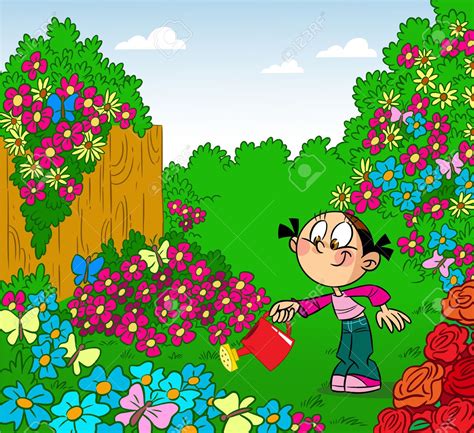 Chica riega las flores en la lata Ilustración riego del jardín hecho en ...