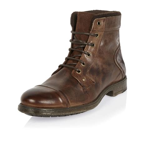 Lyst - River Island Dark Brown Leather Utility Boots in Brown for Men