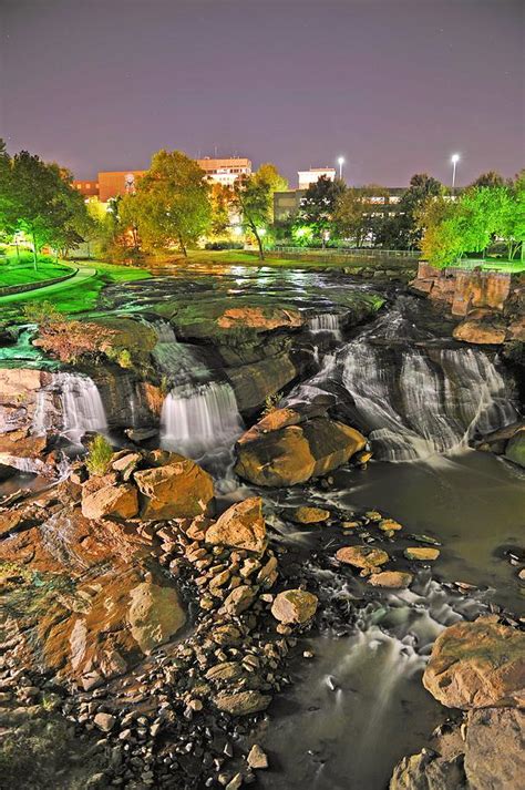 Falls Park Waterfall at Night in Downtown Greenville SC Photograph by Willie Harper - Fine Art ...