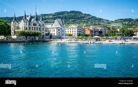 Vevey Switzerland , 4 July 2020 : Vevey cityscape with Aile castle ...