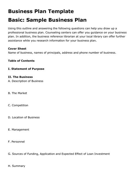 Printable Sample Business Plan Template Form