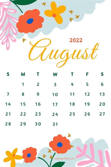 Floral August 2022 Calendar with Beautiful Flowers | Printable calendar template, Free printable ...