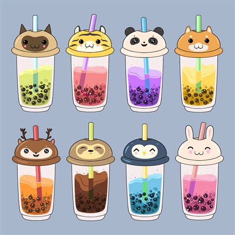 Set of kawaii bubble tea with animal faces. Vector graphics. 9245995 Vector Art at Vecteezy