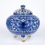 Antique Japanese Blue and White Kutani Porcelain Tripod Koro Incense Burner. Marked 九谷 ...