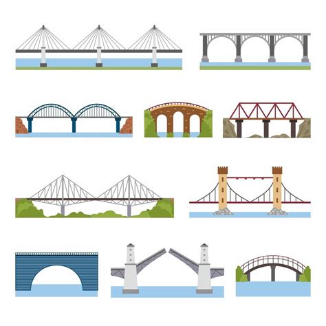 Types of bridges set. Brick, iron, wooden and stone bridges architecture building bridgework ...