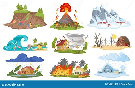 Cartoon Natural Disaster, Hurricane, Flooding And Forest Fire ...