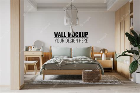 Premium PSD | Interior Bedroom Wall Mockup 3d Rendering