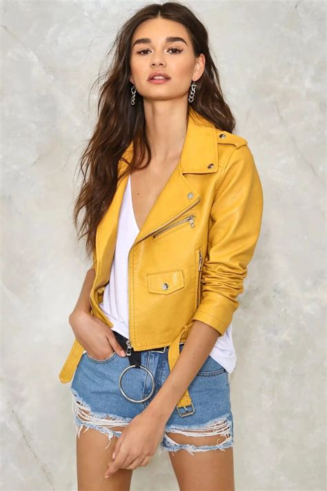 Stylish Streetwear Sheep Leather Yellow Jacket Women