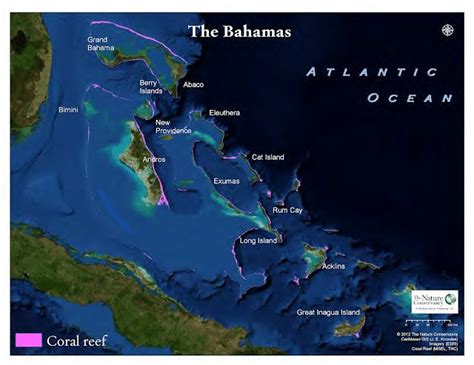 Map showing locations of coral reefs in The Bahamas. | Download ...