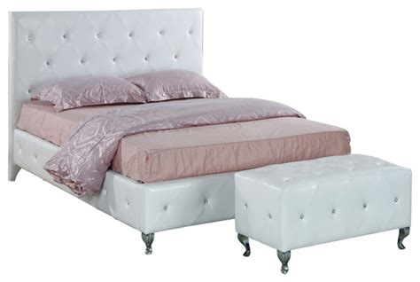 Furniture World Cleo White Crystal Tufted Upholstered Bed - Panel Beds ...