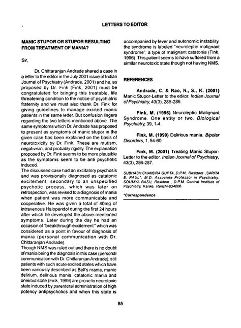 (PDF) Manic stupor or stupor resulting from treatment of mania?