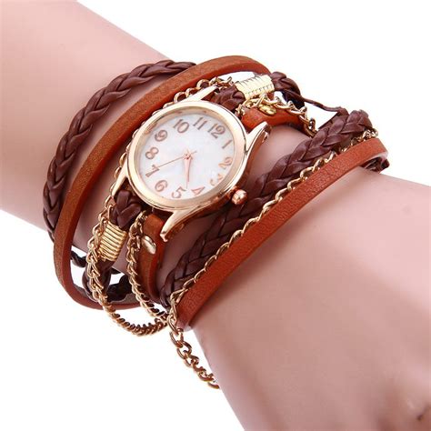 Brown Women Vintage Weave Wrap Leather Bracelet Wrist Watch | RoseGal.com