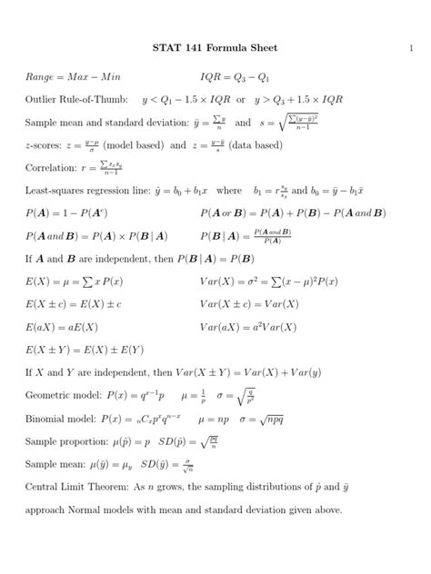 Statistics Formula Sheet | Standard Deviation | Mathematical And ...