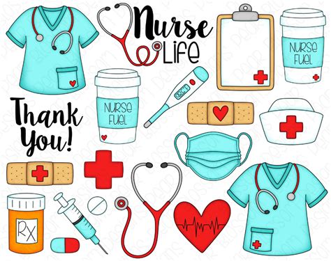 Nurse Life Hand Drawn Digital Clipart Set of 19 Scrubs, Mask, Thermometer, Nurse Fuel, Coffee ...