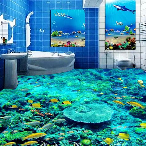 beibehang fish Underwater World toilet Photo Floor 3DWallpaper Bathroom Floor Mural 3d PVC Wall ...