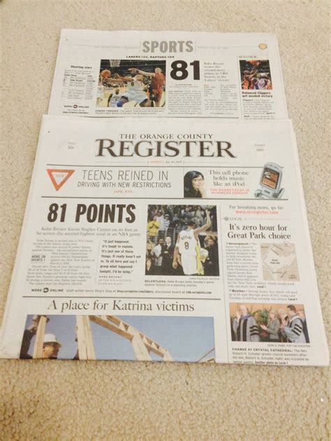 Kobe Bryant 81 Points Los Angeles Lakers Register newspaper 01/23/2006 la times | Los angeles ...