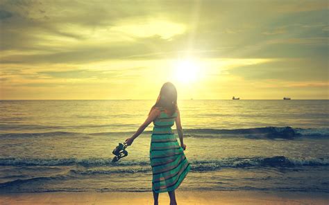 Shallow focus photography of woman standing beside beach under sunset HD wallpaper | Wallpaper Flare