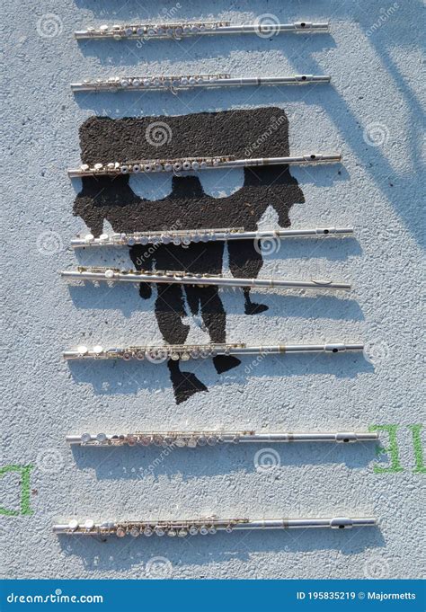 Row of Flutes on Ground during Marching Band Practice Stock Image - Image of orientation, black ...