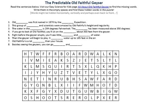 Old Faithful Geyser Science Facts Worksheet Image - Easy Science For Kids