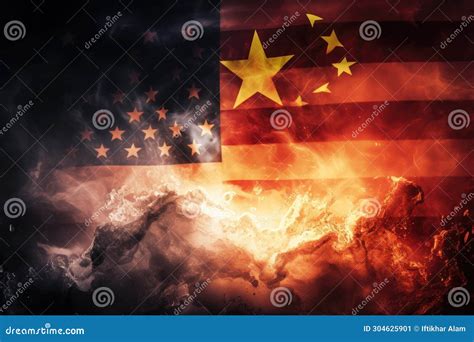 Two National Flags, the American and Chinese, Engulfed in Flames ...