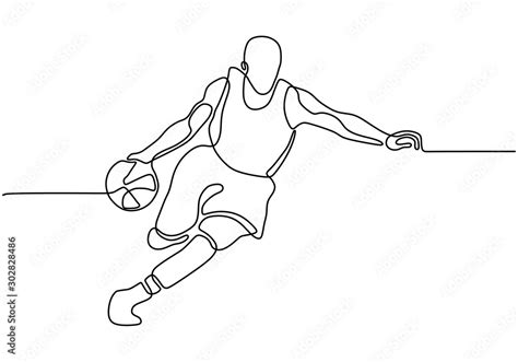 Continuous one line drawing of basketball player dribbling and holding ...