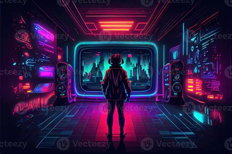 illustration of gaming background, abstract cyberpunk style of gamer wallpaper, neon glow light ...